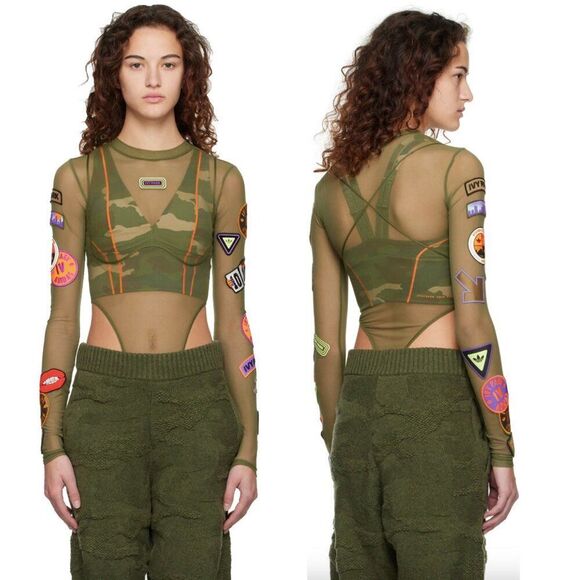 IVY PARK x Adidas army green mesh Trail Light sheer patch bodysuit - Picture 2 of 9